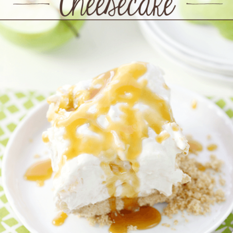 No-Bake Caramel Apple Cheesecake on a white plate.