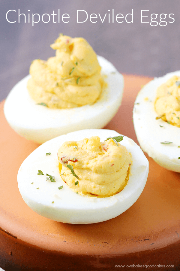 Chipotle Deviled Eggs on a cutting board.