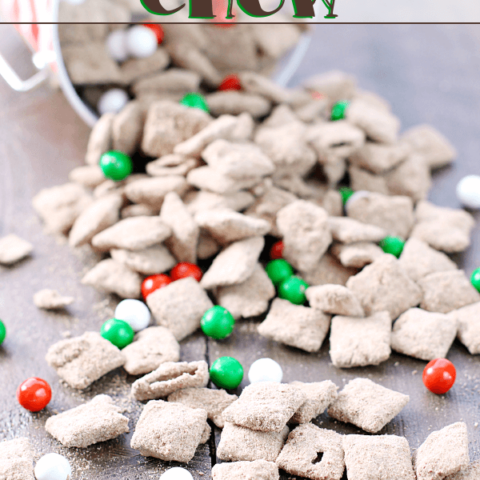 Reindeer Chow spilled over a cutting board with close ups for texture.