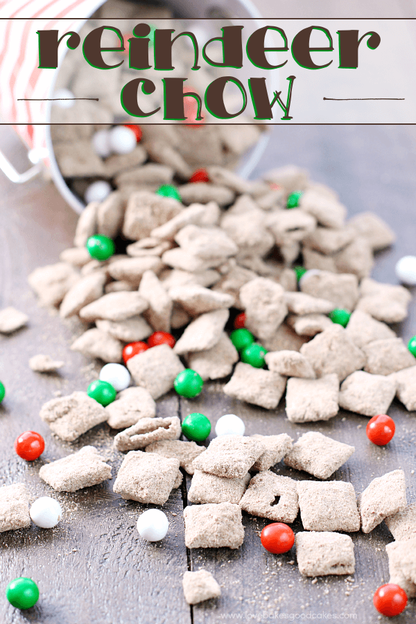 Reindeer Chow spilled over a cutting board with close ups for texture.