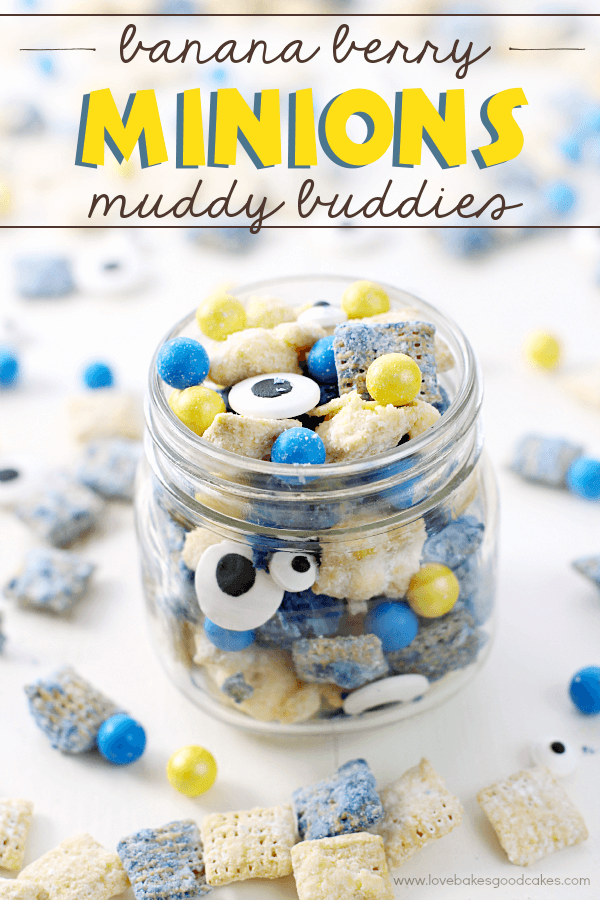 Banana Berry Minions Muddy Buddies in a jar with pieces laying around the jar.