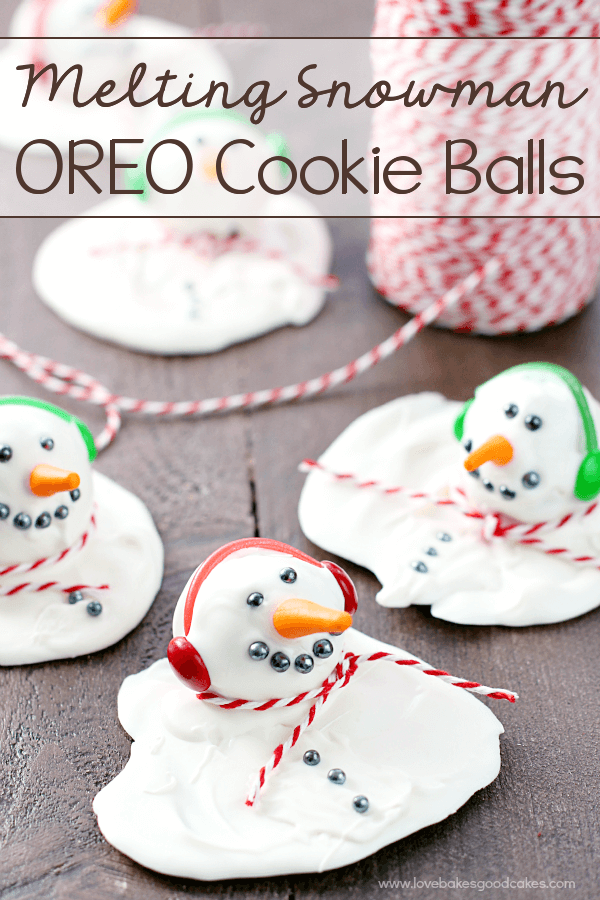 Melting Snowman OREO Cookie Balls laying on a cutting board.
