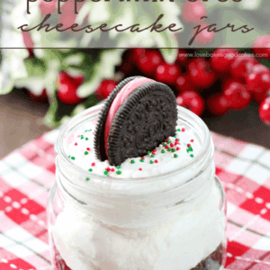 White Chocolate Peppermint Oreo Cheesecake Jar with a peppermint Oreo on top.