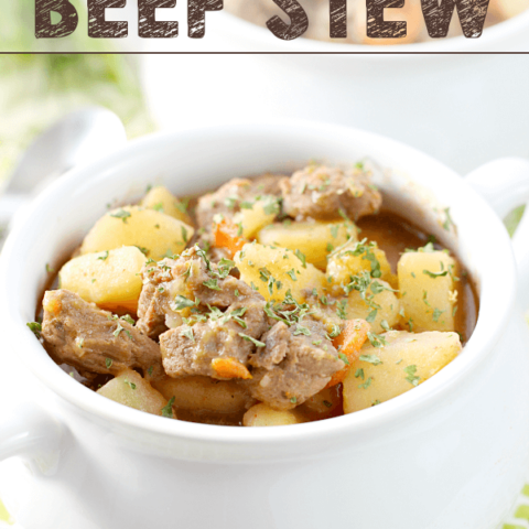 Best Ever Beef Stew in a white bowl.