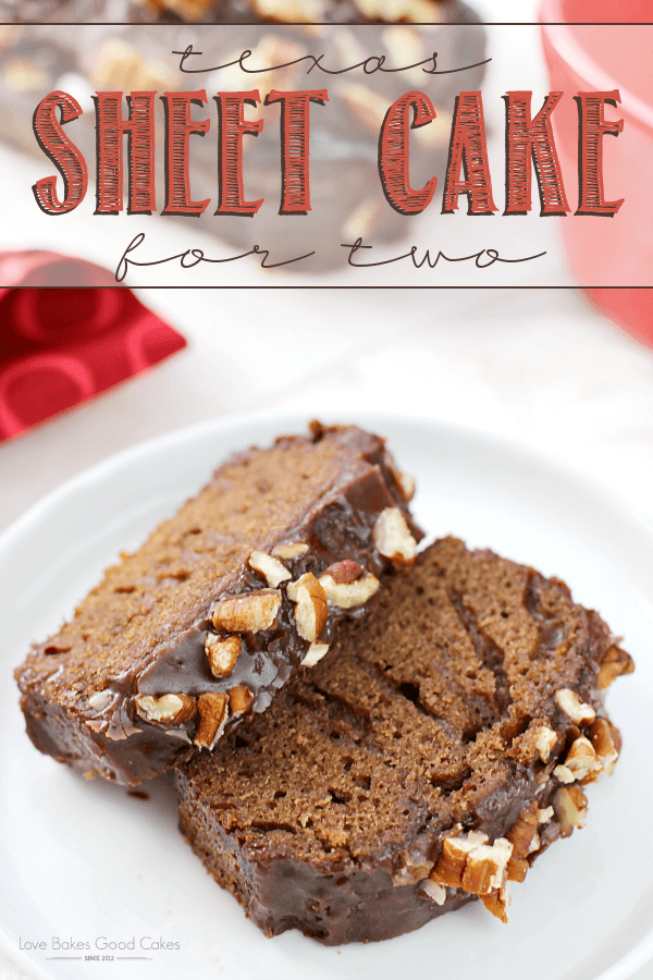 Texas Sheet Cake for Two pieces stacked on a white plate.