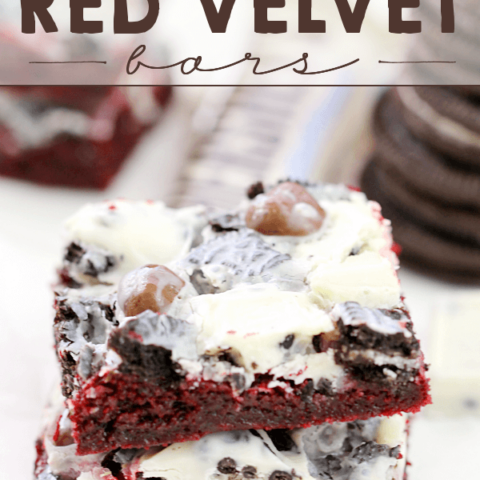 Cookie Lover's Red Velvet Bars on a white plate.