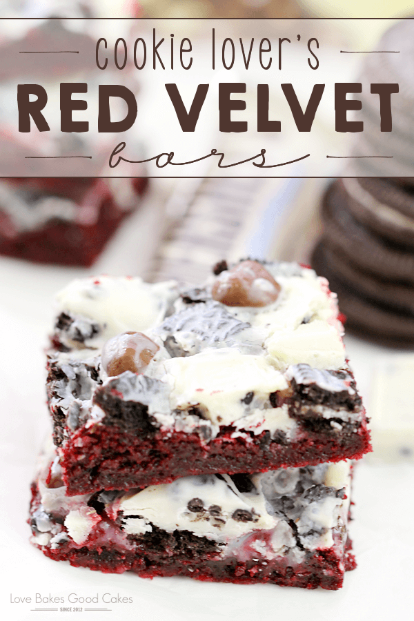 Cookie Lover's Red Velvet Bars on a white plate.