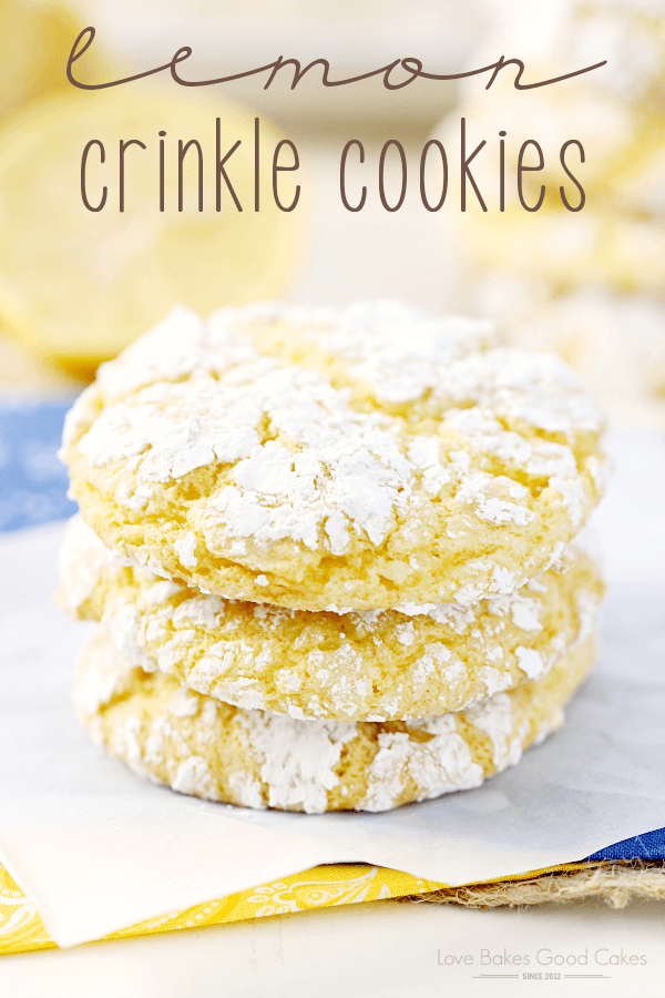 Lemon Crinkle Cookies stacked up on wax paper.