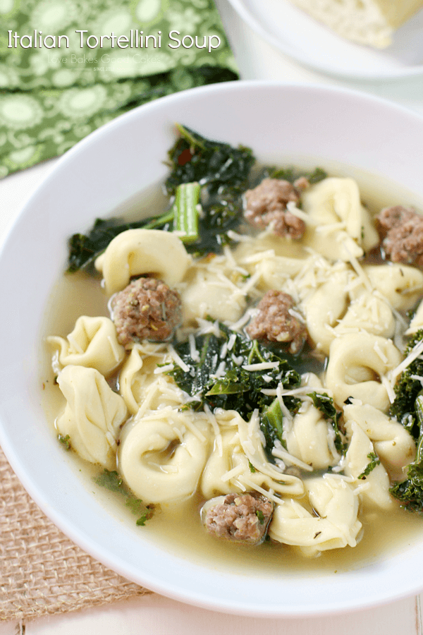 Italian Tortellini Soup in a white bowl.