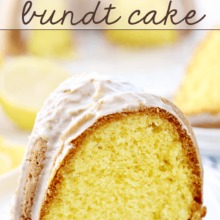 Lemon Lover's Bundt Cake slice on a white plate.
