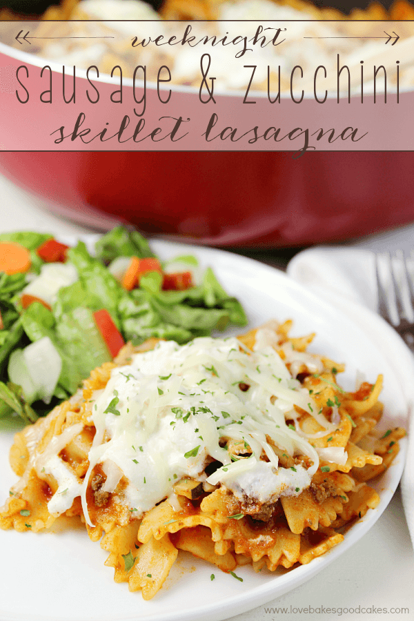 Weeknight Sausage & Zucchini Skillet Lasagna on a white plate.