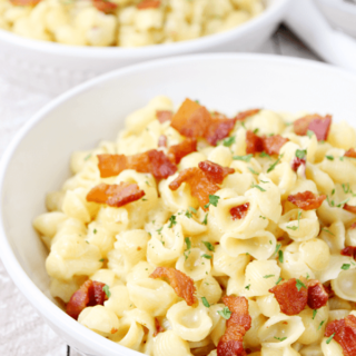 Bacon Chipotle Mac & Cheese in a white bowl.