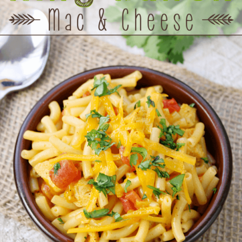 Quick and Easy King Ranch Mac & Cheese in a brown bowl with a spoon.