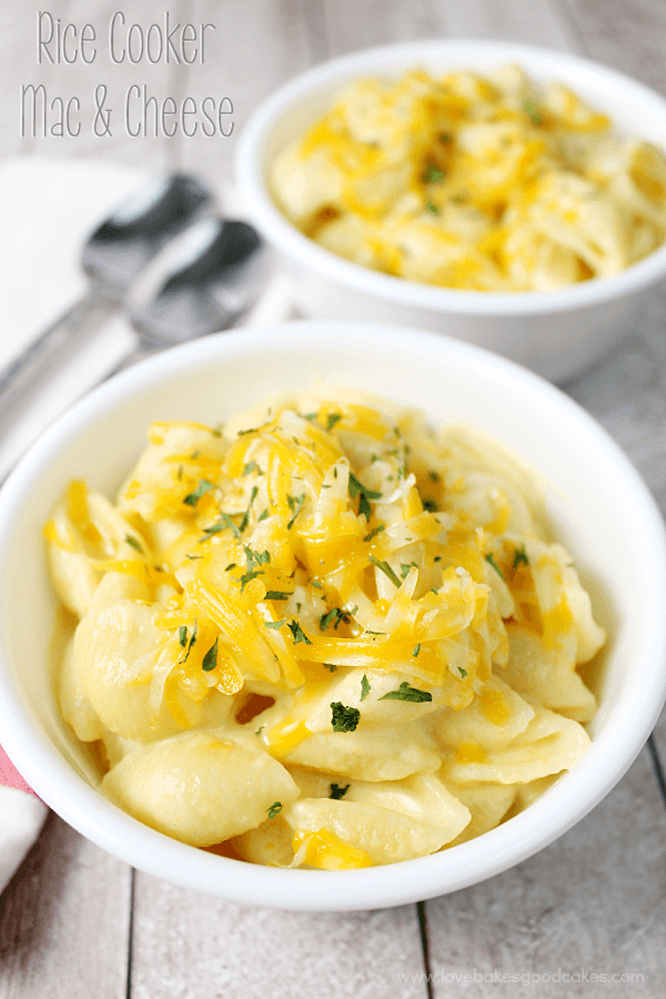 Rice Cooker Mac & Cheese in a white bowl, close up.