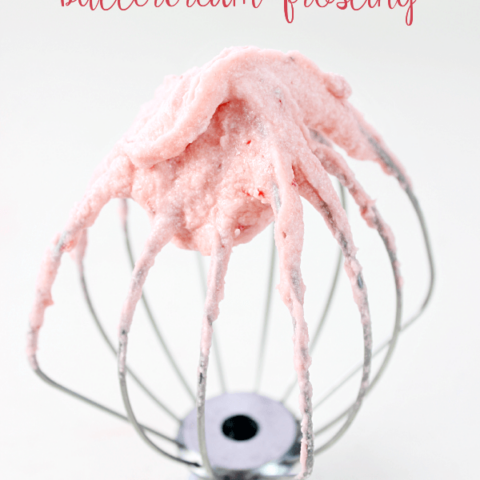 Strawberry Buttercream Frosting on a mixing beater.