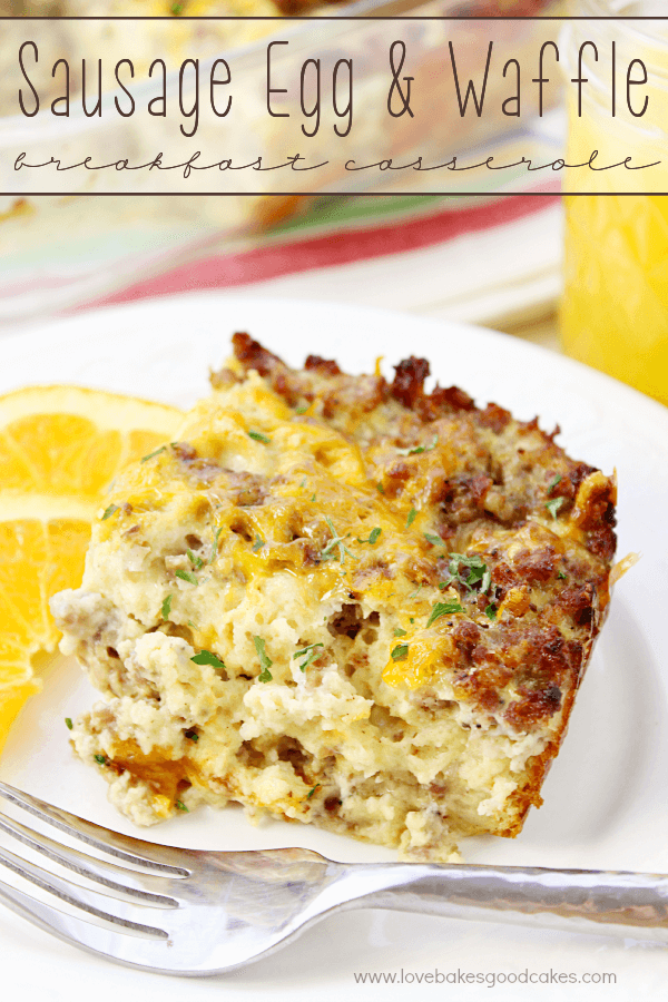 Sausage Egg & Waffle Breakfast Casserole up close on a white plate.