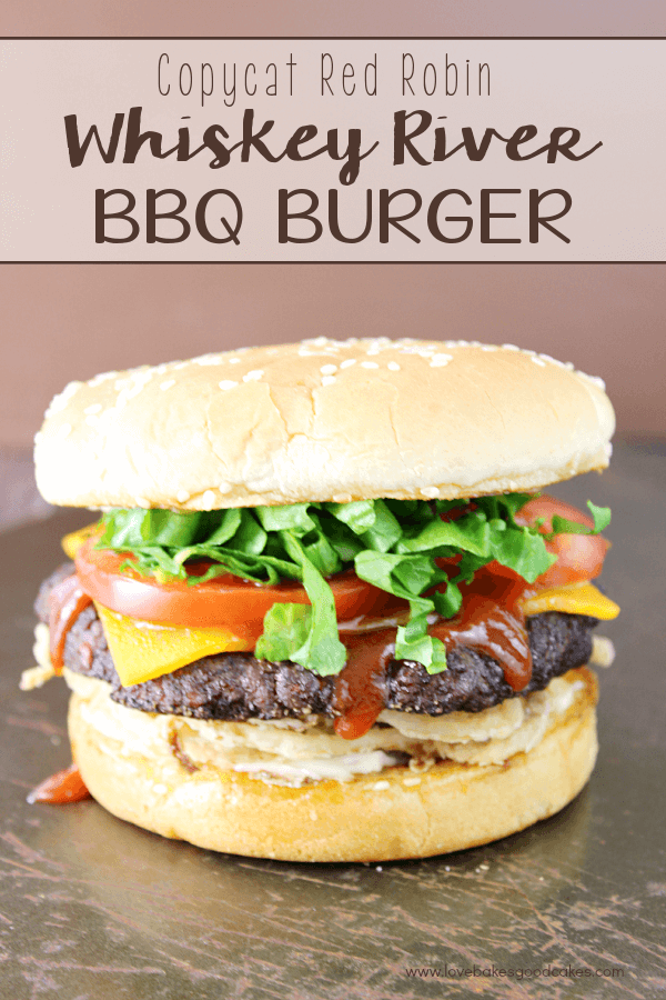 Copycat Red Robin Whiskey River BBQ Burger on a cutting board.