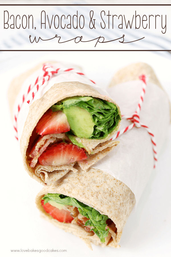 Bacon, Avocado & Strawberry Wraps stacked on a plate.