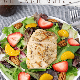 California Chicken Salad in a white bowl with a fork.