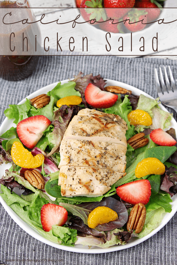 California Chicken Salad in a white bowl with a fork.