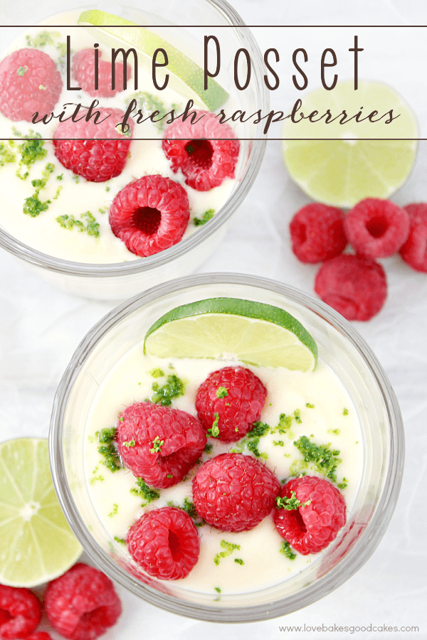 Lime Posset with Fresh Raspberries in two bowls with fresh fruit.