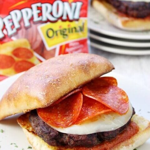 Italian Pepperoni Burger with Hormel Pepperoni on a plate.