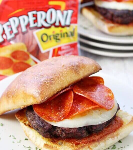 Italian Pepperoni Burger with Hormel Pepperoni on a plate.