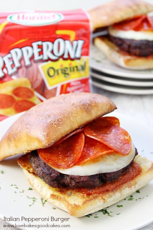 Italian Pepperoni Burger with Hormel Pepperoni on a plate.