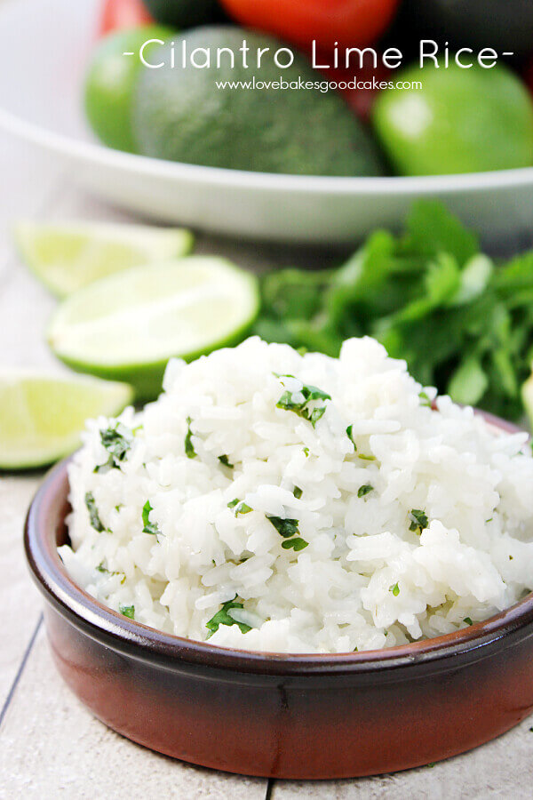 Cilantro Lime Rice in a brown bowl, close up to show texture.