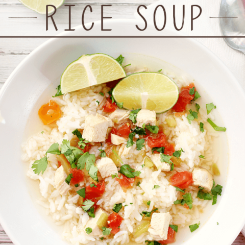 Simple Southwest Chicken & Rice Soup in a white bowl with lime.