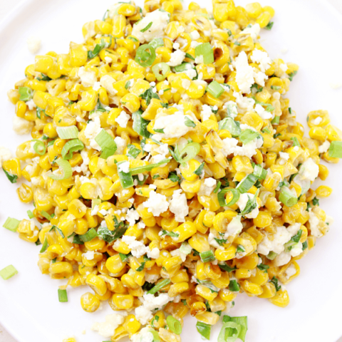 Mexican Street Corn Salad on a white plate.