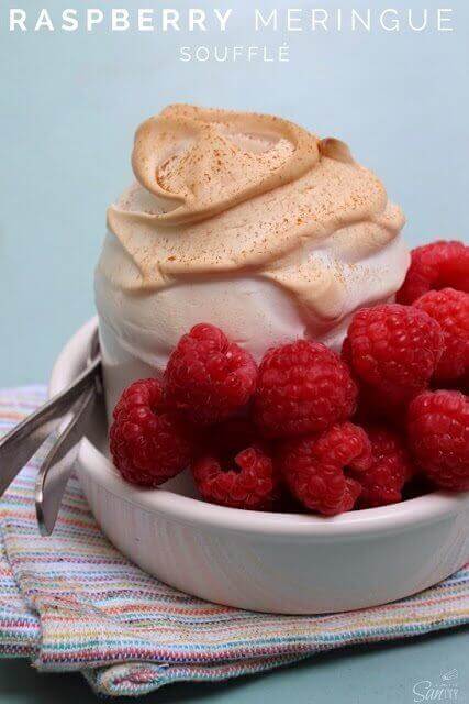 Raspberry Meringue Soufflé in a white bowl.