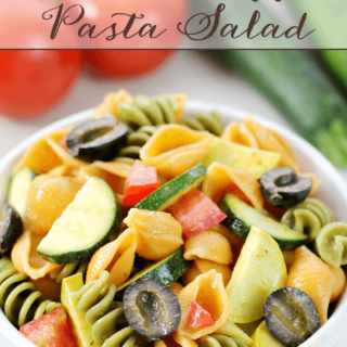 Summer Veggie Pasta Salad in a white bowl.