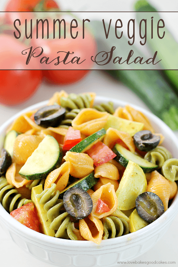 Summer Veggie Pasta Salad in a white bowl.