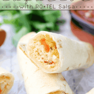 ROTEL & Chicken Taquitos with ROTEL Salsa stacked on wax paper.