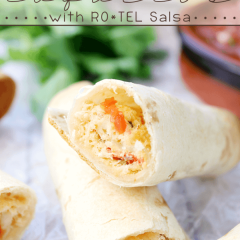 ROTEL & Chicken Taquitos with ROTEL Salsa stacked on wax paper.