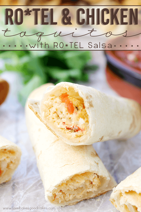 ROTEL & Chicken Taquitos with ROTEL Salsa stacked on wax paper.