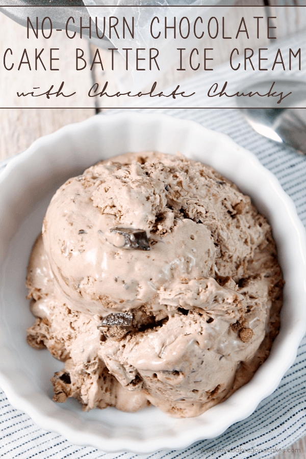 {No-Churn} Chocolate Cake Batter Ice Cream with Chocolate Chunks in a white bowl with a spoon.