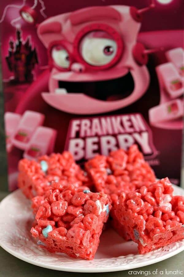 Franken Berry Krispies laying on a white plate.