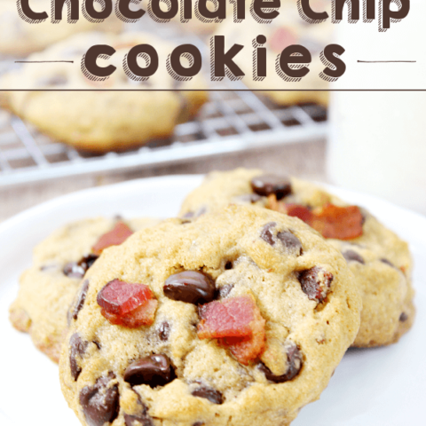 Maple Bacon Chocolate Chip Cookies stacked on a plate.