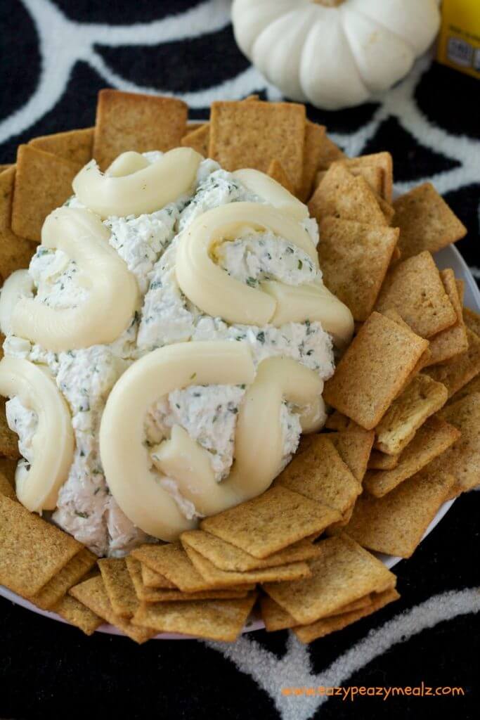 Brain cheeseball with mini crackers.