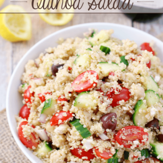 Mediterranean Quinoa Salad in a white bowl.