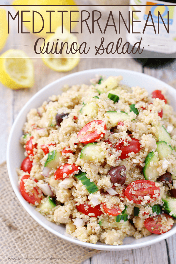 Mediterranean Quinoa Salad in a white bowl.