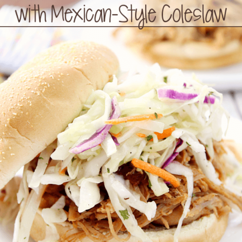 Chipotle Pulled Pork Sandwiches with Mexican-Style Coleslaw on a plate close up.