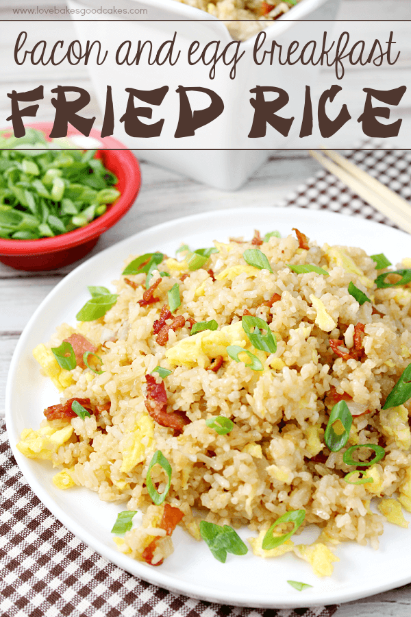 Bacon & Egg Breakfast Fried Rice on a white plate.