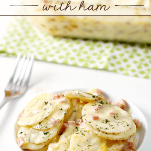 Cheesy Scalloped Potatoes with Ham on a white plate with a fork.