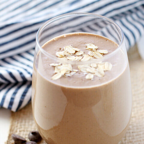 Chocolate Peanut Butter Oatmeal Smoothie in a glass.