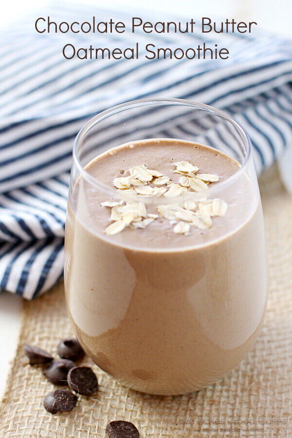 Chocolate Peanut Butter Oatmeal Smoothie in a glass.