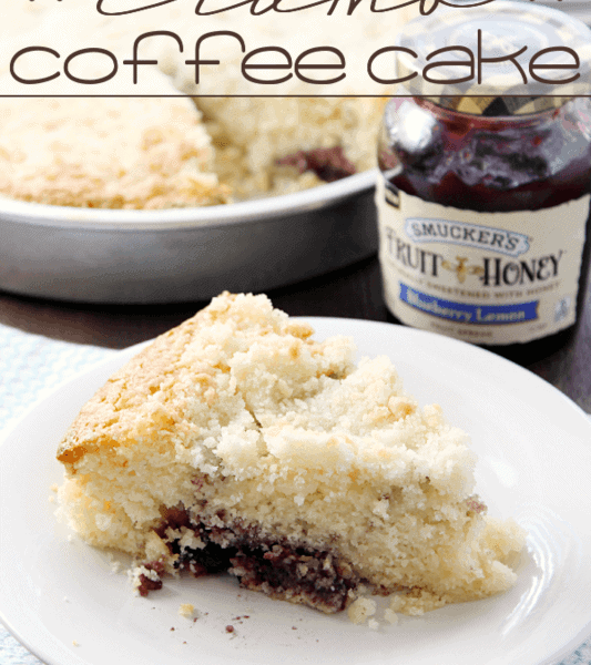 Blueberry Lemon Crumb Coffee Cake on a white plate with a jar of jam.