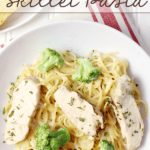 Alfredo Chicken & Broccoli Skillet Pasta in a white bowl.